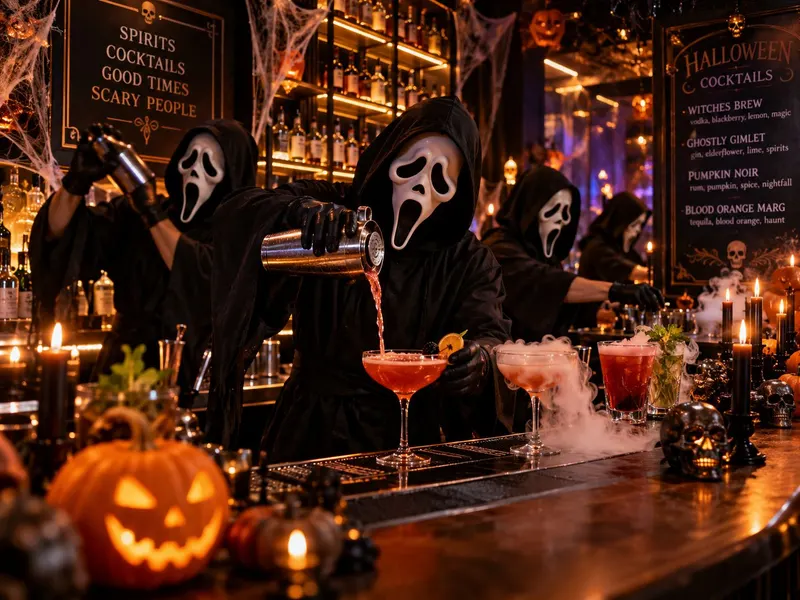 Bartenders in hooded robes and ghost masks pouring cocktails at a candlelit Halloween bar