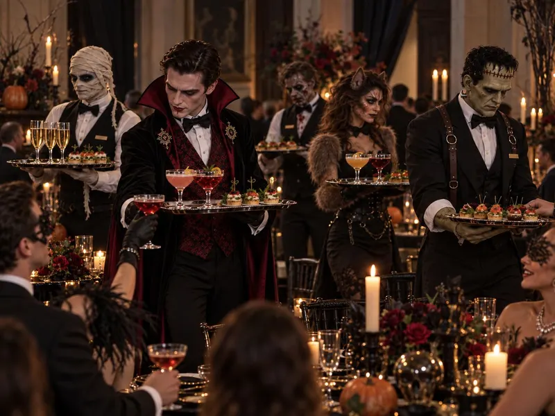 Waiting staff dressed as a vampire, a mummy, a werewolf and Frankenstein's monster serving drinks and canapés at a Halloween dinner